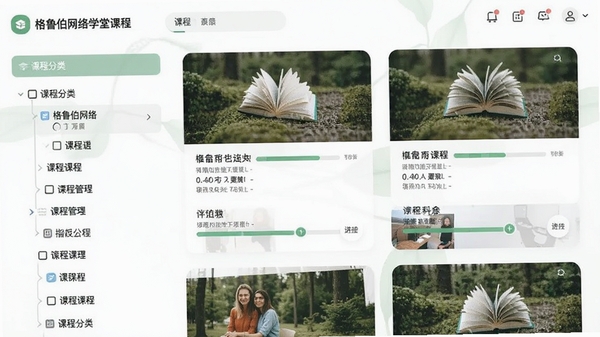 格鲁伯网络学堂课程列表界面,左侧显示课程分类树,右侧展示带有进度条的课程卡片,整体UI设计采用卡片式布局,色彩清新自然,体现学习管理的高效性