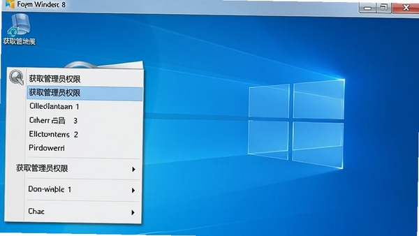 Windows 8 右键获取管理员权限软件主界面截图，简洁的Windows 8风格窗口，展示右键菜单中新增的“获取管理员权限”选项，背景为纯净的蓝色桌面，画面清晰明亮