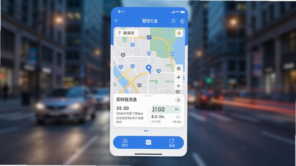 智通app主界面预览图，展示首页地图导航、实时路况信息卡片、底部功能按钮，整体风格简洁现代，蓝白配色，背景为城市街道模糊效果，界面元素清晰明亮