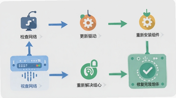 视维视频会议系统体验版报错解决流程图，展示从问题诊断到修复完成的步骤，包括检查网络、更新驱动、重新安装组件等图标，设计风格扁平化，逻辑清晰，色彩鲜明，背景为浅灰色