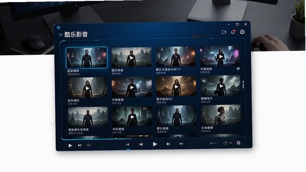 酷乐影音主界面预览图,展示蓝色科技感播放器皮肤,视频列表清晰排列,背景为深色桌面环境,画面主体为软件窗口居中,两侧留白,整体风格现代简洁,高清渲染