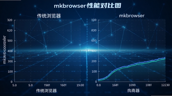 mkbrowser性能对比图,展示内存占用曲线,左侧为传统浏览器,右侧为mkbrowser,右侧曲线明显更低更平稳,背景为科技感蓝色网格,突出轻量高效的特点