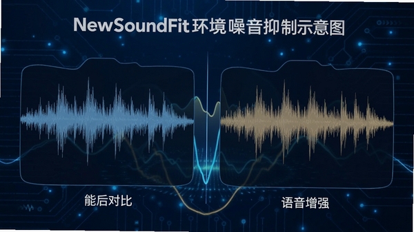 NewSoundFit环境噪音抑制功能示意图，展示音频波形处理前后对比，背景为科技感蓝色调，体现降噪与语音增强效果