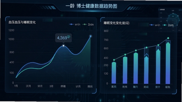 一龄博士健康数据趋势图界面，包含折线图和柱状图，展示血压与睡眠数据变化，背景为深色科技感界面，数据可视化效果突出，界面风格专业且现代