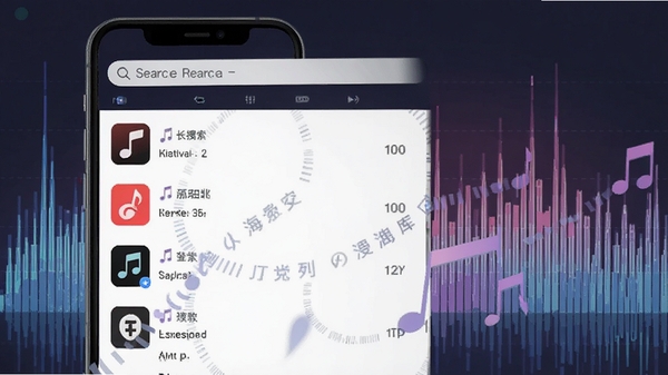 歌曲大全搜索界面示意图,手机屏幕上显示多个音乐平台来源的搜索结果列表,背景为音乐频谱图,画面强调聚合搜索功能与海量曲库资源