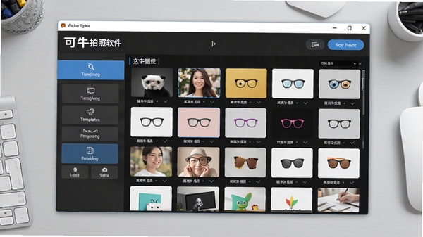 可牛拍照软件主界面预览图，展示其整洁的功能布局和丰富的模板库，背景为浅灰色工作台，突出软件Logo与主要功能按钮，整体风格明亮清晰