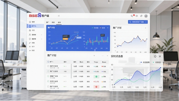 百度营销客户端主界面预览图，展示账户数据看板、推广计划列表和实时点击曲线，背景为现代化办公环境，画面清晰明亮