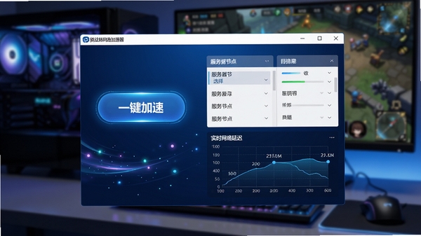 挑战韩网络加速器(Dekaron网络加速器)的软件主界面预览图,界面设计简洁清晰,包含醒目的“一键加速”按钮、服务器节点选择列表和实时网络延迟显示图表,整体风格科技感强,背景采用深蓝色渐变并配有炫酷的光效,画面主体为软件窗口,占画面中央位置,背景为模糊的电脑桌面和游戏场景,风格写实,细节丰富,8k分辨率,高清画质。