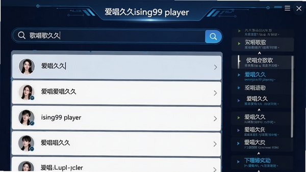 爱唱久久(ising99 player)搜索歌曲功能截图,搜索框内输入歌名,下方展示搜索结果列表,背景为深蓝色科技感界面,歌词滚动显示,整体画面干净整洁,突出软件名称
