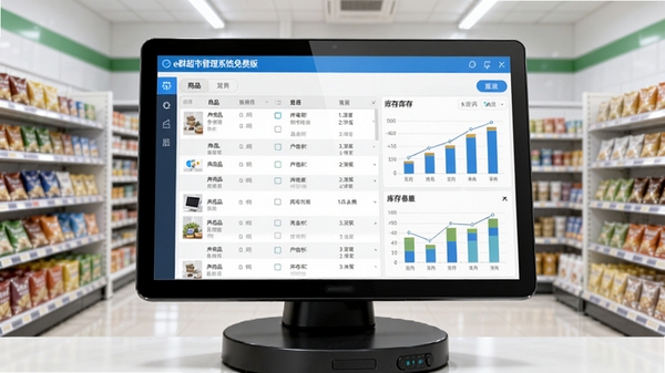 画面主体为一套现代化的超市收银管理界面，屏幕中清晰显示e群超市管理系统免费版的商品列表与库存图表，背景是整洁明亮的便利店货架，整体风格写实且具有科技感，突出软件的专业性与易用性，画面比例16:9