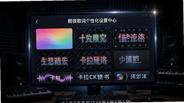 酷我歌词个性化设置中心,展示多样式歌词主题皮肤,包括渐变色彩、描边效果、卡拉OK滚动样式等,背景为深色音乐工作室场景,屏幕高光,细节丰富