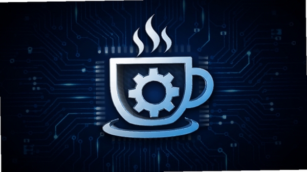 Java Runtime Environment 核心全貌示意图,画面中央是一个抽象化的咖啡杯Logo与齿轮组合,背景是深蓝色的科技电路板纹理,强调稳定与高效,整体风格专业且富有现代感