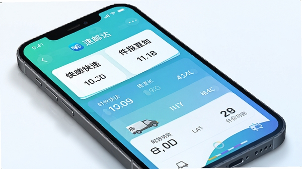 速邮达应用内智能比价功能界面截图，手机屏幕显示多家快递公司名称、价格、时效对比列表，界面采用卡片式设计，颜色清新，背景为纯色渐变，突出数据清晰易读，画面中手机占主体，周围有轻微阴影，营造科技感，细节到位
