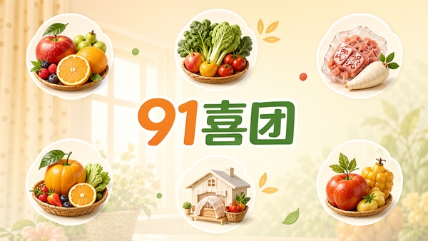 91喜团商品分类展示图，展示新鲜水果、蔬菜、肉禽蛋奶等多个商品分类图标，每个图标设计精美、色彩鲜艳，背景为柔和的渐变色调，画面中央突出“91喜团”的Logo，整体风格温馨且具有生活气息。