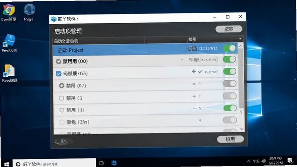 旺丫软件的启动项管理界面，列出所有启动项目并提供禁用开关，背景为简洁的Windows桌面