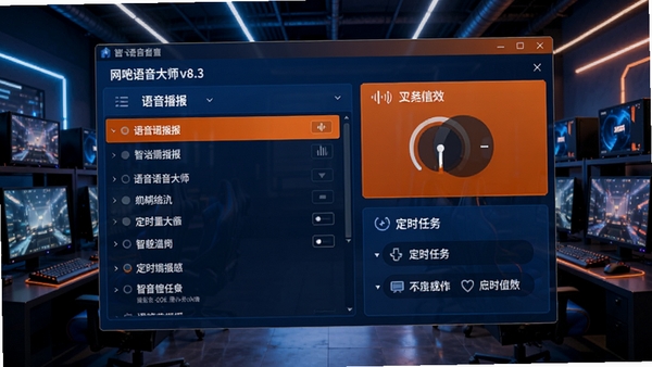 展示网吧语音大师v8.3主界面截图,背景为现代科技感网吧环境,界面清晰显示语音播报列表、音量控制、定时任务等核心功能模块,整体色调以深蓝与亮橙为主,突出软件的智能与高效,画质高清,细节丰富