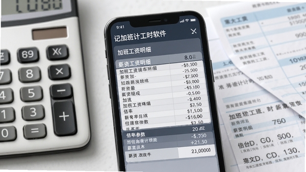 记加班计工时软件薪资计算界面,手机屏幕显示加班工资明细表格和倍率参数,背景为计算器与工资条,画面清晰展示薪资组成,风格商务专业