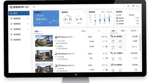 房管家ERP 3.0 电脑版主界面截图,左侧功能导航栏,中间房源列表,顶部数据看板,整体界面简洁专业,现代商务风格,高清细节