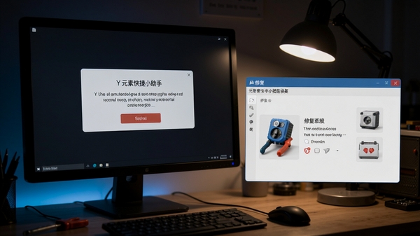 Y元素快捷小助手报错修复场景，电脑屏幕显示错误对话框，旁边有修复工具界面，背景为工作台，整体色调偏暗