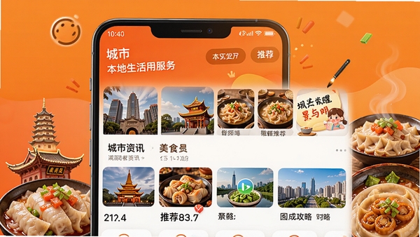 嗨耍成都应用主界面预览图，展示成都地标建筑与美食元素，背景为橙色渐变，界面简洁清晰，突出本地生活服务功能，画面主体为手机屏幕，显示城市资讯、美食推荐、景点攻略等模块，整体风格活泼现代，适合应用商店展示。