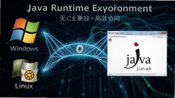 Java Runtime Environment 跨平台运行原理预览图,画面左侧是Windows与Linux系统图标,中间通过一个发光的桥梁连接至右侧的Java应用程序窗口,背景为抽象的数据流,突出无缝兼容与高效协同