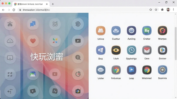 快玩浏览器个性化起始页展示，页面包含自定义壁纸和排列整齐的网站图标快捷方式，布局清晰，色调柔和，传达出定制化与美观并重的特点