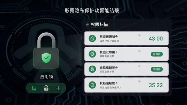 形翌隐私保护功能界面，展示应用锁与权限扫描结果列表，背景为深色科技风格，配以绿色安全标识，整体视觉沉稳且具有信赖感。