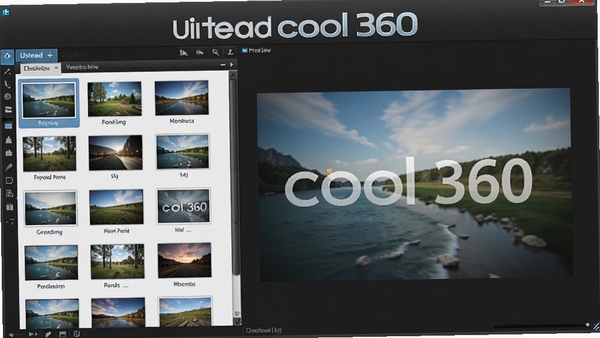 Ulead cool 360 主界面展示，左侧为图片列表，右侧为预览窗口，背景为简洁的深灰色调，画面清晰，突出软件名称，整体风格写实。