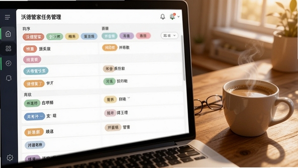 沃德管家任务管理界面截图,屏幕上显示多个彩色标签的分类任务列表,背景为木质书桌与一杯咖啡,画面温暖且富有生活气息,强调软件带来的井然有序。