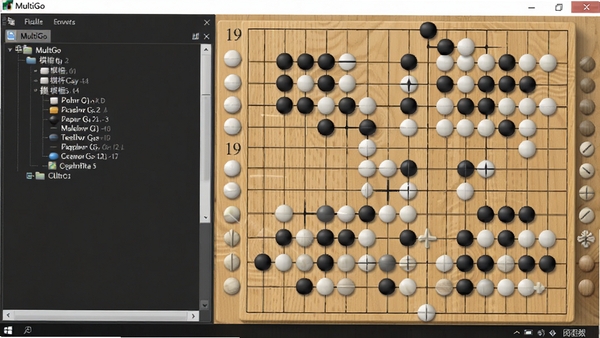 MultiGo主界面预览图，一款运行在Windows桌面上的围棋棋谱软件，界面左侧为棋谱树导航，右侧为19路标准棋盘，棋盘上黑白棋子错落有致，背景为淡雅的木纹色，整体风格简洁专业，软件标题栏清晰显示MultiGo字样