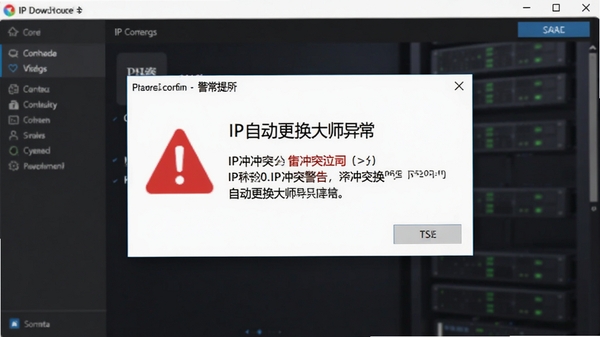 IP自动更换大师异常提示弹窗,显示IP冲突警告信息,背景为软件主界面,红色警示图标,风格醒目