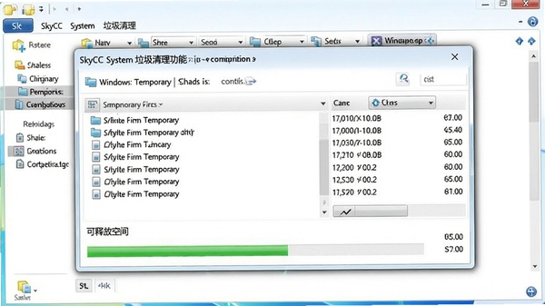 SkyCC系统垃圾清理功能运行截图，界面显示扫描出的临时文件列表和可释放空间大小，进度条正在进行中，背景为Windows资源管理器窗口，整体色调明亮清晰