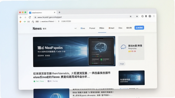 狂速浏览器主界面预览图，展示极简风格的浏览器窗口，地址栏与标签栏位于顶部，页面主体显示一个快速加载的新闻资讯网站，背景为浅色渐变，整体画面干净明亮，突出软件启动速度和网页渲染流畅感
