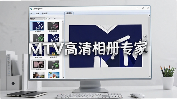 MTV高清相册专家主界面预览图，展示软件在电脑屏幕上的完整操作窗口，左侧为模板列表，右侧为预览区域，背景为整洁的工作桌面，画面中心突出软件名称MTV高清相册专家，整体风格明亮清晰