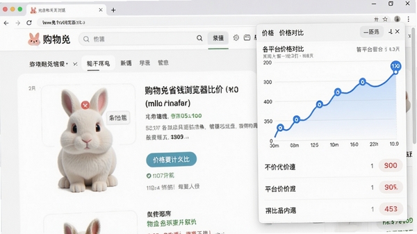 购物兔省钱浏览器比价功能截图，屏幕中央显示商品详情页，右侧浮窗展示价格曲线与各平台价格对比列表，曲线图用蓝色线条绘制，数据点清晰标注，整体画面明亮清晰，突出比价信息