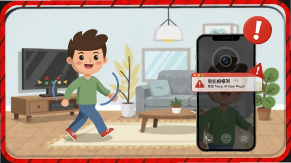 家用摄像头手机监控移动侦测功能示意图，画面中一个卡通人物在客厅走动，手机弹出报警通知界面，背景有红色警示边框和感叹号图标，风格直观明了，突出智能报警的及时性