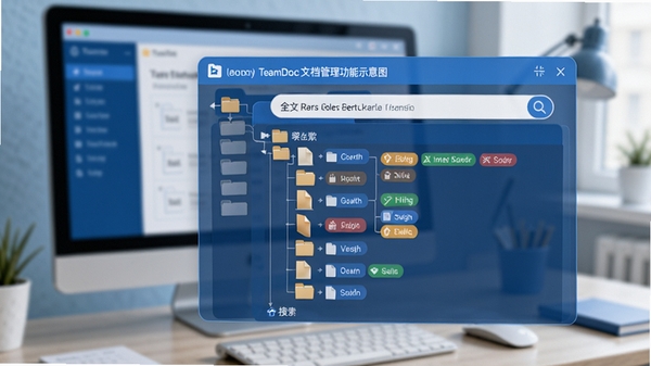 TeamDoc文档管理功能示意图，展示多级文件夹结构、文件的标签色彩和全文搜索框，背景为模糊的电脑屏幕和办公桌面，画面重点突出文档的整齐归类与高效检索，色调以蓝色和白色为主，传达清晰、有序的管理理念