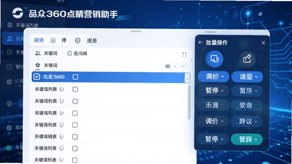 品众360点睛营销助手批量编辑功能操作示意图，界面中展示关键词列表，多行被选中并出现批量操作工具栏，包含调价、暂停等按钮，背景为蓝色科技感色调，突出高效便捷的操作体验。