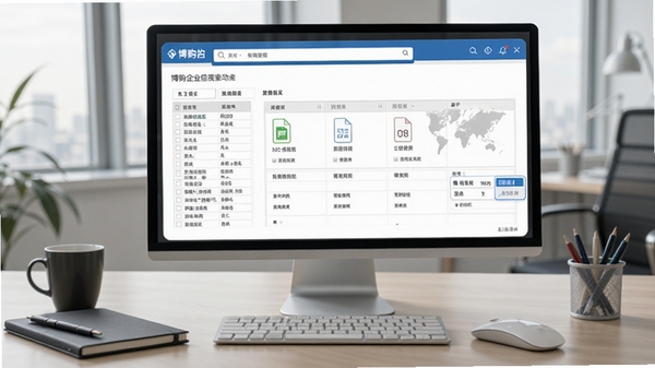 博购企业信息搜索的数据导出功能界面，展示表格文件生成过程，背景为办公桌面场景，强调软件在商务办公中的实用性