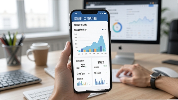 记加班计工时软件统计报表界面,手机屏幕显示图表和统计数据,背景为办公桌面,画面清晰展示加班趋势分析,风格数据可视化现代
