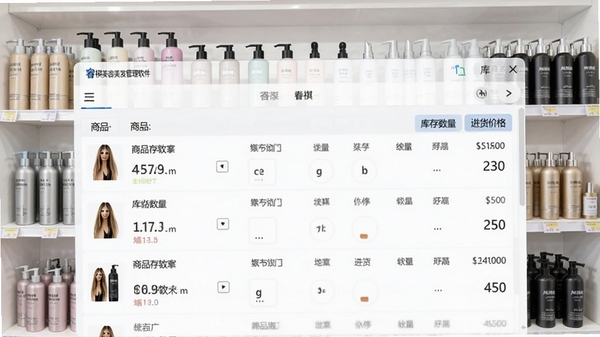 睿祺美容美发管理软件商品库存管理页面,展示商品列表、库存数量与进货价格,背景为货架上摆放整齐的美发产品,画面明亮清晰