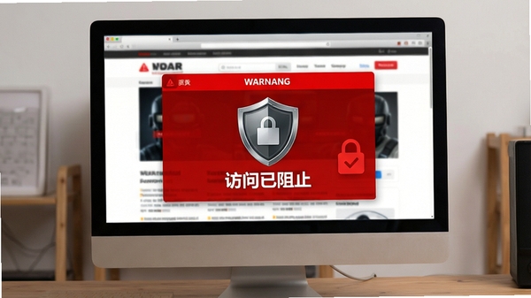 反黄之盾网址拦截功能示意图，电脑屏幕上显示红色警告页面，盾牌图标与“访问已阻止”字样，背景为模糊的网页界面，强调拦截效果的即时性与视觉冲击力