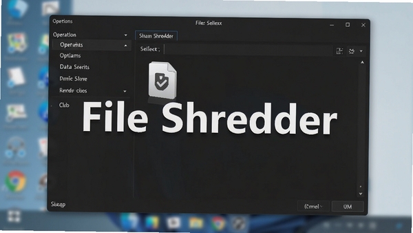 File Shredder主界面截图,显示软件简洁的深色主题界面,左侧为操作选项列表,右侧为文件选择区域,背景为模糊的电脑桌面,整体风格专业、清晰,突出数据销毁功能,画面中心位置醒目显示File Shredder软件名称