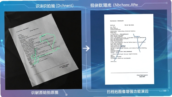 识档扫描图像增强功能演示图，左侧为拍摄的原始歪斜文档照片，右侧为经过软件处理后的平整清晰扫描件，对比效果明显，背景为渐变色科技感界面