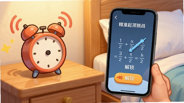 精准起床闹钟任务挑战界面，手机屏幕显示数学题解锁画面，背景为床头柜场景，闹钟正在响铃，强调互动解锁功能，画面生动有趣