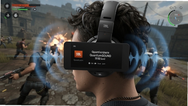 JBL Quantum应用开启QuantumSOUND环绕声功能界面，耳机佩戴在玩家头部，周围有声波扩散效果，背景为游戏战场画面，突出空间定位感，风格写实