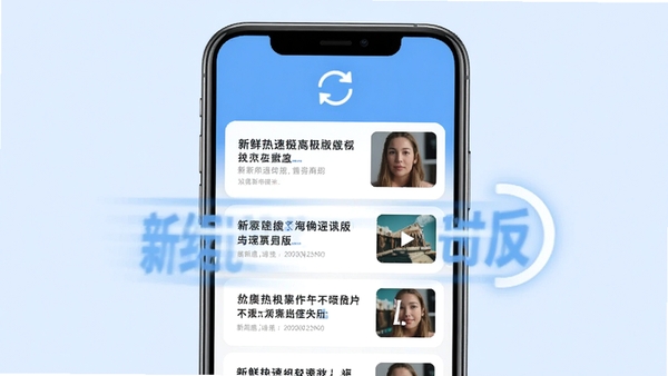 新鲜热讯极速版新闻列表加载动画示意，手机屏幕显示多条新闻卡片，包含标题和缩略图，顶部有刷新动画，背景淡蓝色，突出快速加载的速度感，画面清晰明亮