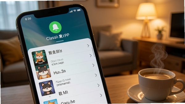 一张智能手机屏幕特写，屏幕占据画面大部分，界面显示来电经典铃声APP的歌曲列表，背景是温馨的客厅环境，暖色调灯光，手机旁有一杯咖啡，画面风格写实，光影柔和，突出软件主界面，整体呈现生活化场景