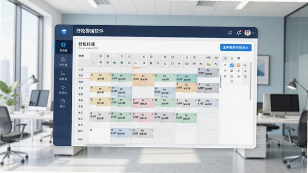 终极排课软件主界面预览图，展示清晰的课程表网格布局与功能导航栏，背景为现代化简约风格的教育办公室场景，整体色调明亮专业