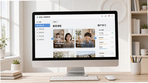 安安小课堂软件主界面预览图,展示其清晰的课程分类导航、推荐课程轮播图以及用户学习进度概览,背景为简洁明亮的现代书房场景,电脑屏幕中显示软件界面,整体画面通透、色彩柔和,突出教育软件的正式感与亲和力